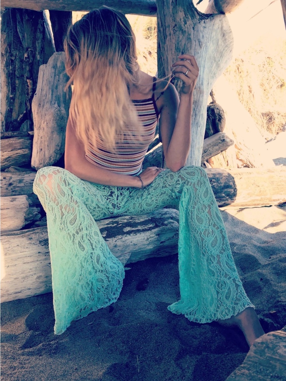 L&B Lace Flare Beach Lined Pants in Green size L